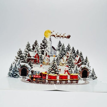 3D Pop Up Card - Winter Night Town Snowman Design | Handmade Holiday Greeting Card
