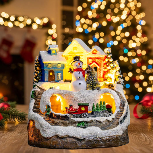 ZQQLITE Animated Musical Christmas Snowman Village - Lighted Figurines with Rotating Train | Holiday Tabletop Decor