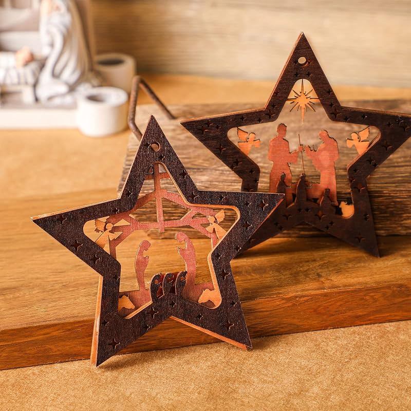 Spiareal 12 Pcs Christmas Nativity Ornaments - Dark Color Wood Set, 6 Styles