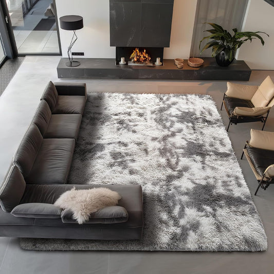 Ophanie Tie-Dyed Grey & White Area Rug - Large 8x10 Shag Carpet for Living Room & Nursery Decor