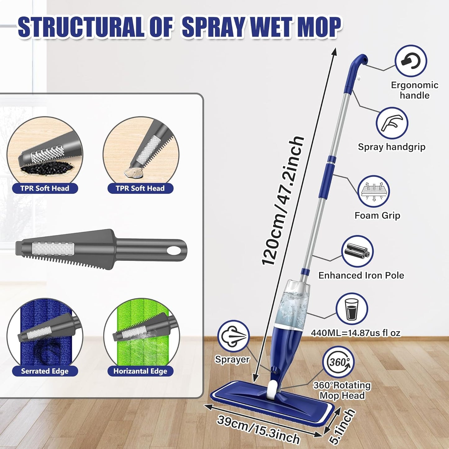 Skiennix Microfiber Spray Mop - Versatile Wet & Dry Cleaning for Hardwood, Tile & Vinyl Floors | Includes 3 Washable Pads
