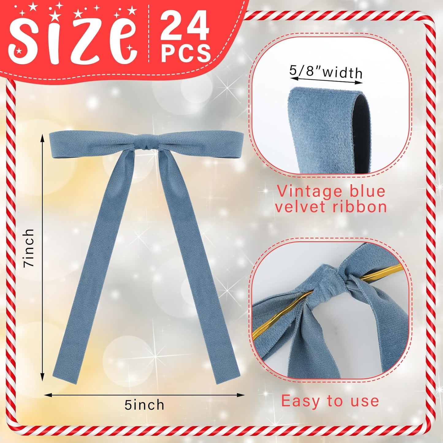 Skiennix Velvet Bows | 24 Pcs Vintage Double-Faced Ribbon Ornaments for Christmas Tree & Wreaths - Dusty Blue (5 x 7 Inch)