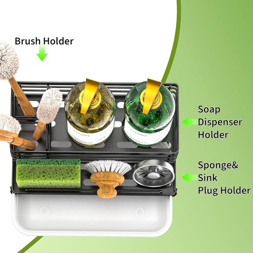 Cisily Large Black Kitchen Sponge Holder - Rustproof Sink Caddy with Drip Tray & Non-Slip Design