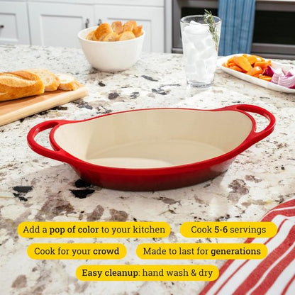 Lodge Enameled Cast Iron Oval Casserole | 2 Quart with Dual Handles - Oven Safe to 500°F - Red