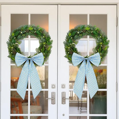 HunnmingRe Christmas Wreath Sash - 24 x 16 Inch Blue & Green Block Print Bow for Indoor/Outdoor Decor