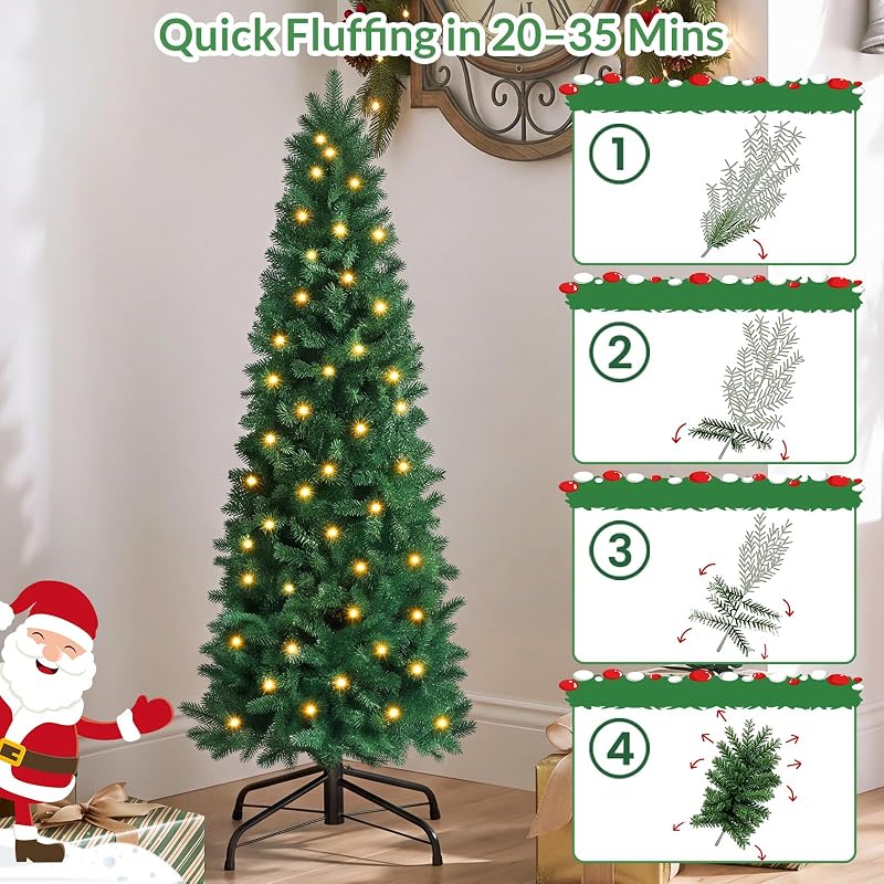 4.5 ft Pre-Lit Pencil Christmas Tree — Slim Green, Variation Green+4ft 5in