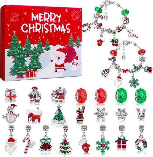 Christmas Advent Calendar Bracelets 2026 - DIY Jewelry Kit with 22 Charm Beads & 2 Adjustable Bracelets for Girls