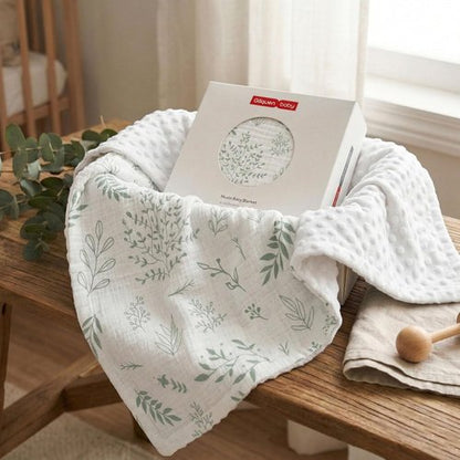 GLLQUEN Baby Blanket - Soft Muslin Cotton Front with Dotted Fleece Backing | Unisex Greenery 30 x 40 Inches