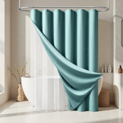 Dynamene Teal Shower Curtain and Liner Set, Waffle Weave Fabric, Waterproof Clear Liner, 256GSM Heavy Duty Weighted Hotel Luxury Cloth Shower Curtains for Bathroom with 12 Plastic Hooks, 72Wx72H