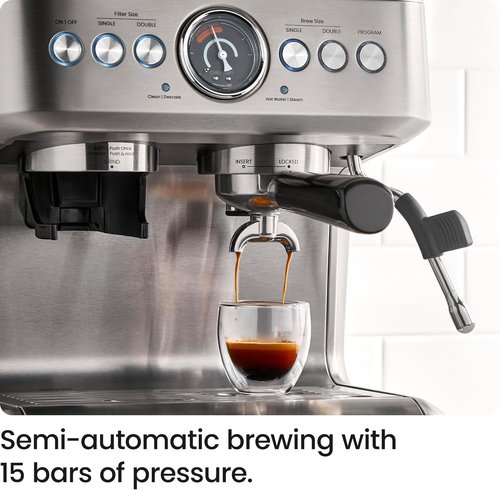 Chefman Crema Supreme Espresso Machine - 15 Bar Pressure, Milk Frother & Coffee Grinder, 3L Tank - Stainless Steel