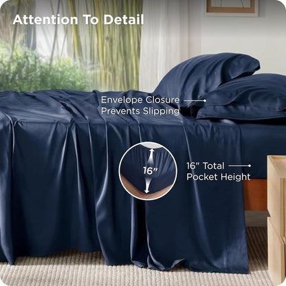 Bedsure Cooling Bed Sheets - Breathable Rayon from Bamboo | Soft & Luxurious Full Size, Deep Pocket Up to 16 Inches, Navy