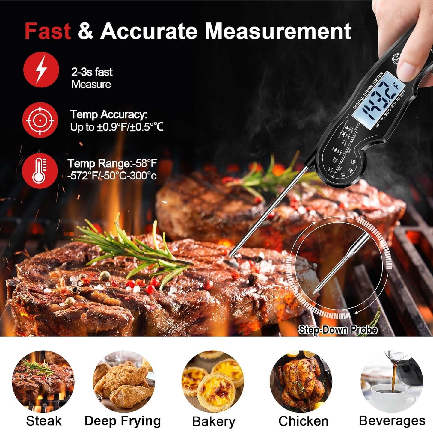 Meat Thermometer Digital - Instant Read Cooking Thermometer with Backlight LCD & Calibration