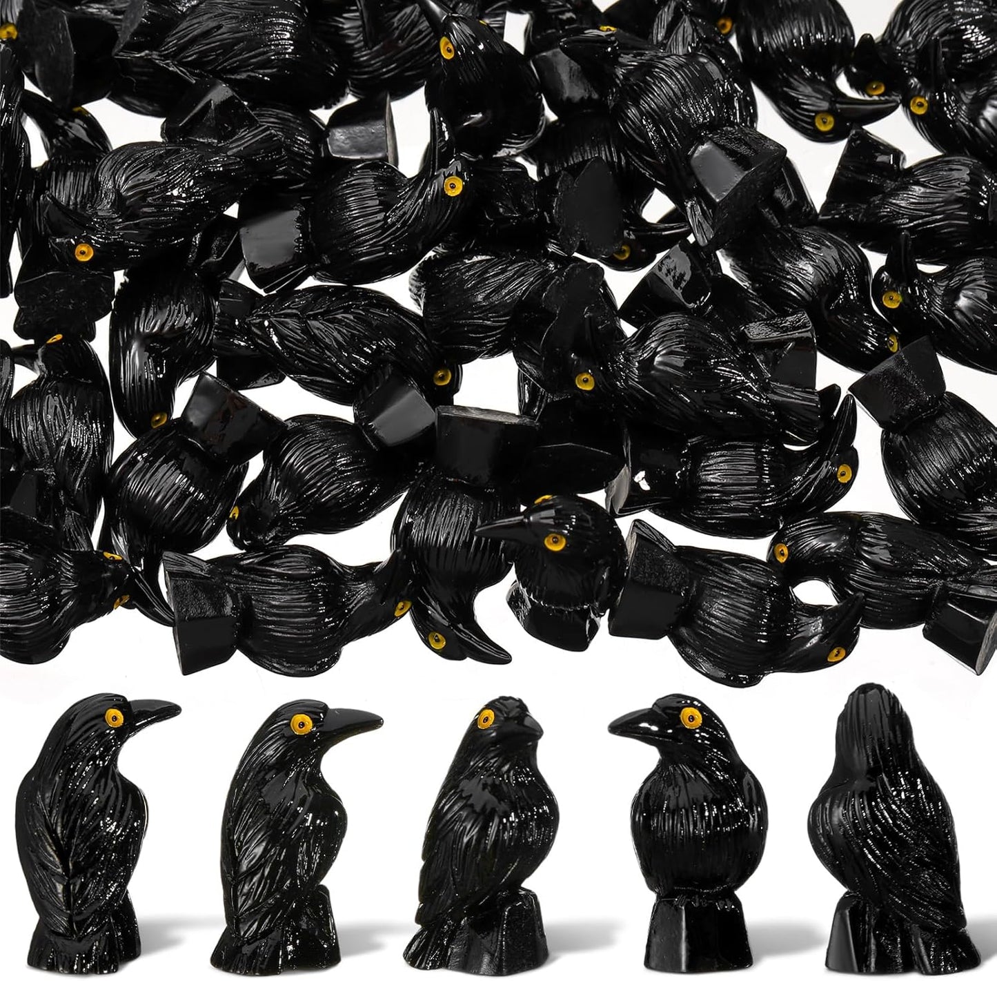 Skiennix Miniature Crows Decor - 50 Pcs Black Resin Raven Figurines for Holiday & Party Decor