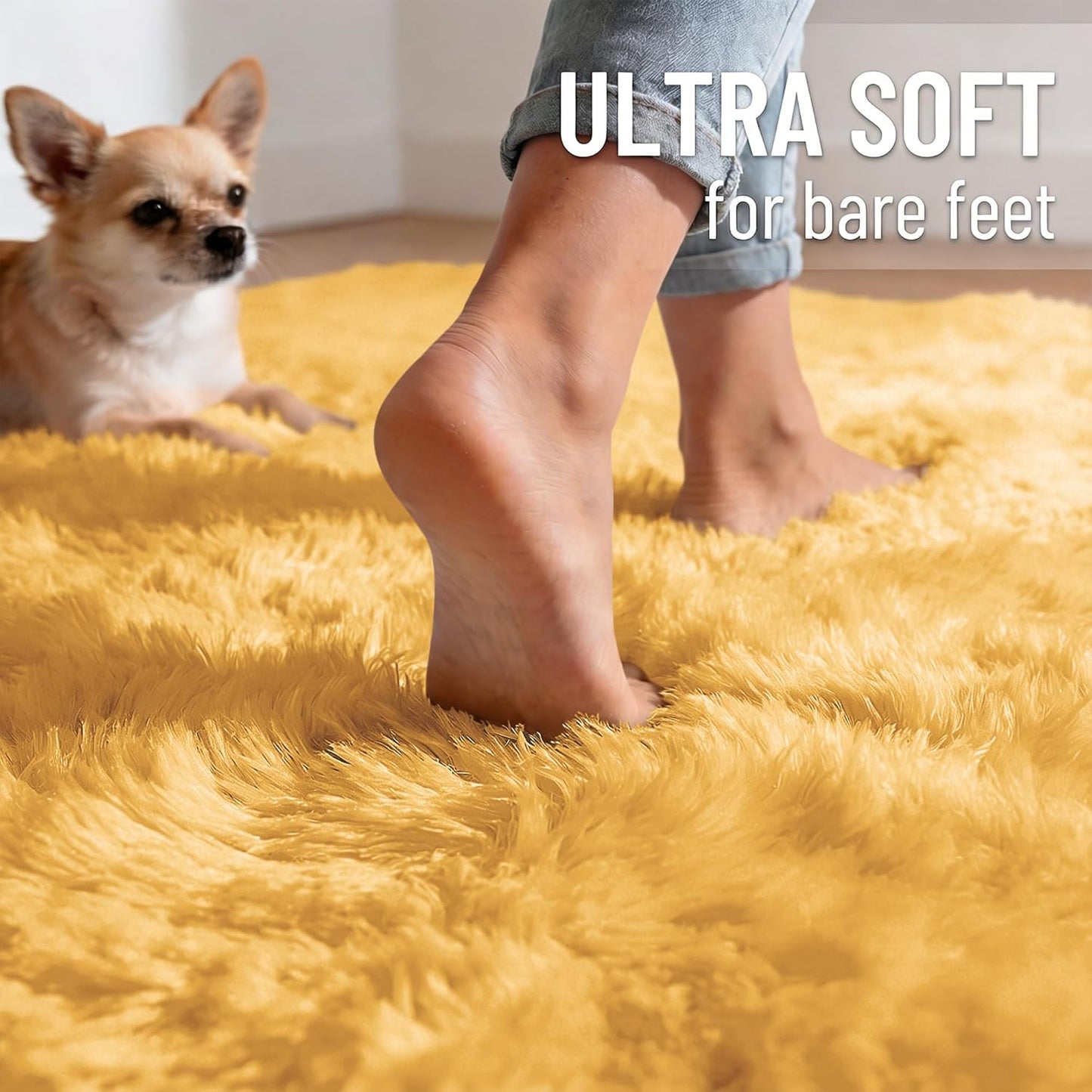 OLANLY Large 5x8 Machine Washable Area Rug - Soft Fluffy Shaggy Carpet for Living Room & Bedroom | Mustard Yellow