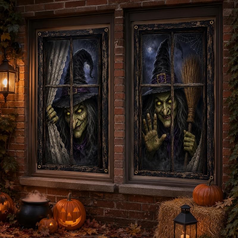 Halloween Window Covers 2 Pack - Creepy Witch Faces, 31.5 x 47.2 in - Variation D