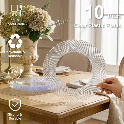 Clear 10-Inch Disposable Plates, 100 Pcs - Fancy Crystal Look, Food-Grade