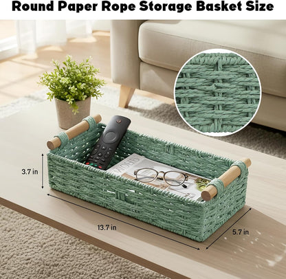 Skiennix Small Bathroom Storage Baskets - Woven Paper Rope Organizers in Sage Green | Perfect for Home Decor & Gifts