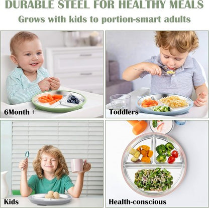 E-far Stainless Steel Toddler Plates - 9" Non-Slip Suction Plates, 4-Pack Divided Baby Dishes, Dishwasher Safe