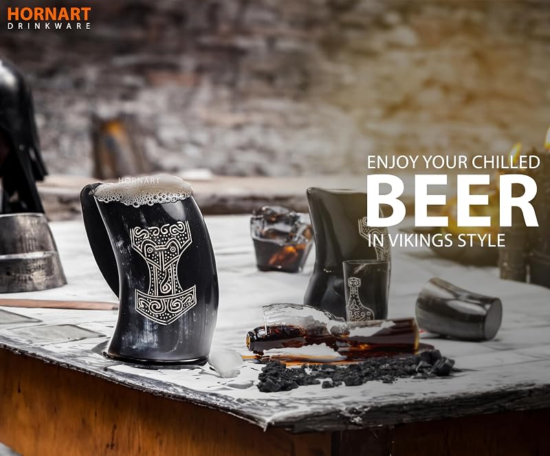 Thor Variation: Handcrafted Ox Horn Mugs 3-Piece Set with Shot Glass & Opener