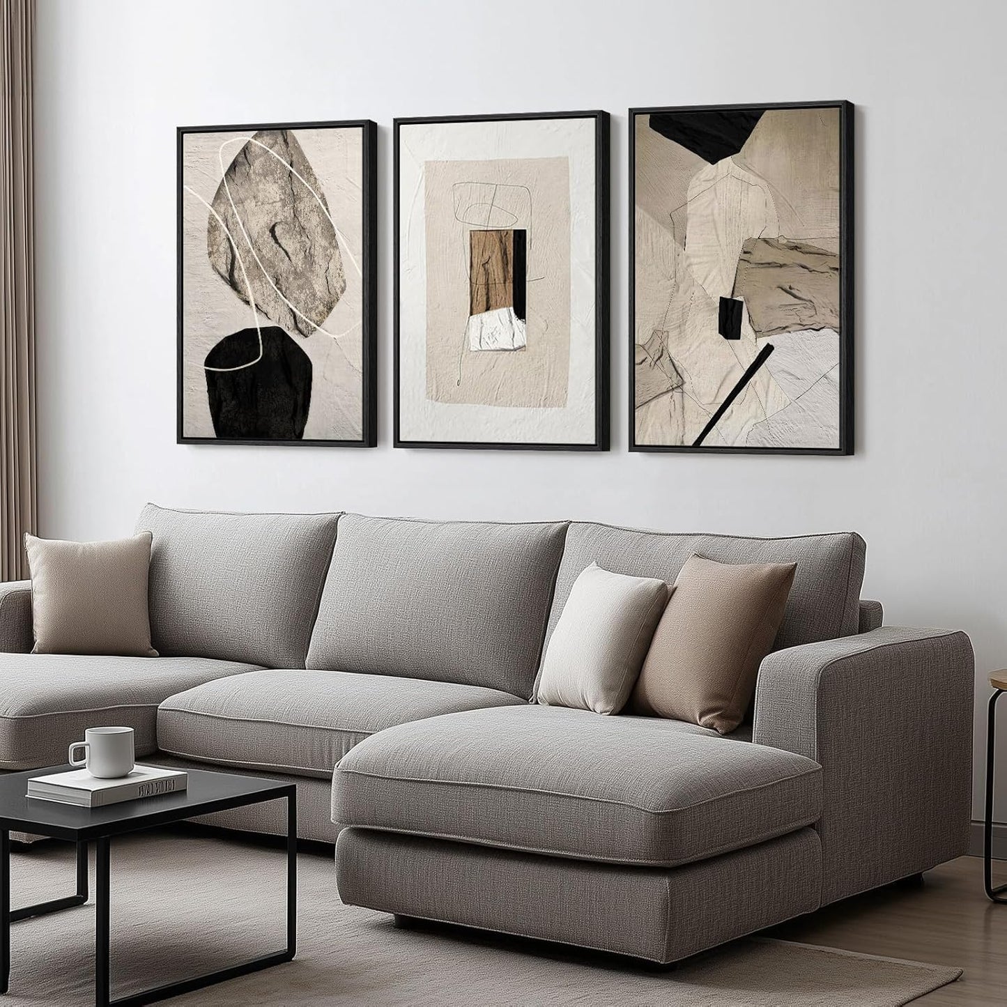 Skiennix Framed Neutral Abstract Wall Art - Set of 3 Modern Canvas Prints for Living Room | 16x24 Inch