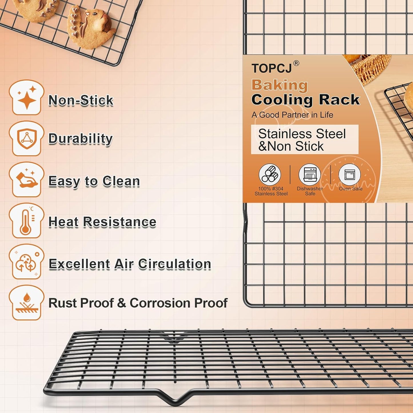TOPCJ Cooling Rack Set - 2PCS Heavy Duty Stainless Steel Baking Racks | 10”x15” Non-Stick Design for Grilling & Roasting