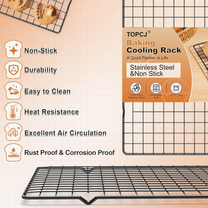 TOPCJ Cooling Rack Set - 2PCS Heavy Duty Stainless Steel Baking Racks | 10”x15” Non-Stick Design for Grilling & Roasting