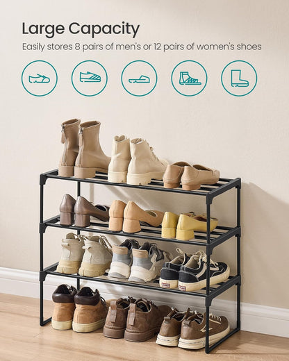 SONGMICS 3-Tier Shoe Rack - Stackable Metal Organizer for 8-12 Pairs | Black, 11.8 x 26.8 x 21.7 Inches