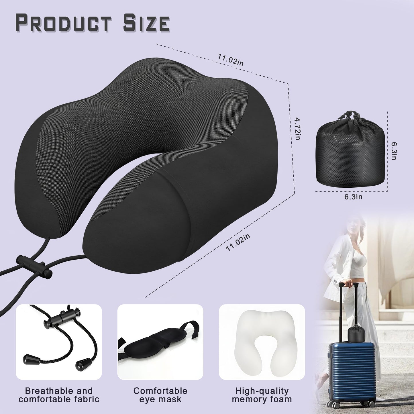Phent zari Neck Travel Pillow, Upgraded Memory Foam Pillow for Airplane, Machine Washable, Adjustable Flight Pillow, Suitable for Sleeping Airplane, Car, Office and Home (Black)