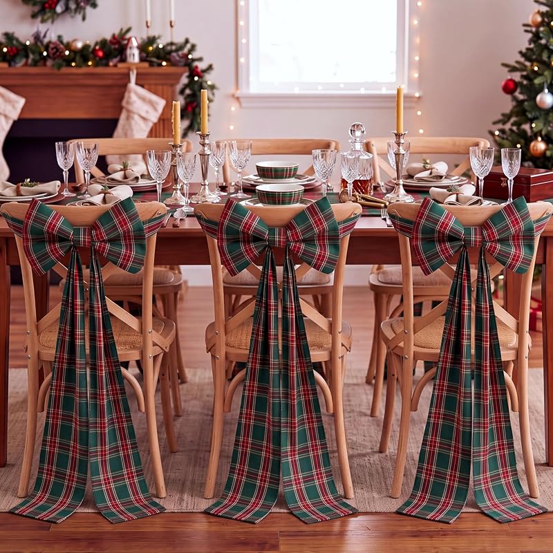 6 Pcs Christmas Chair Bows Decorations 43in Red Green Tartan Plaid – Green Variation