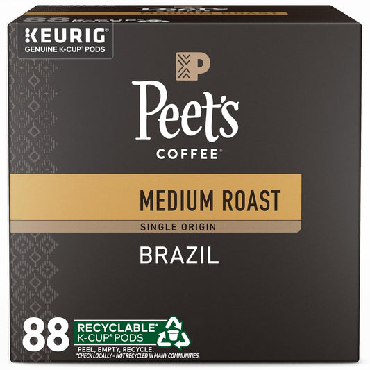 Peet's Coffee Medium Roast K-Cup Pods | 100% Arabica Single Origin Brazil - 88 Count (4 Boxes of 22 Pods)