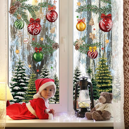 Vintage Christmas Window Cling 9 Sheets - Reusable Snow Tree Forest Decals for Home Office Classroom