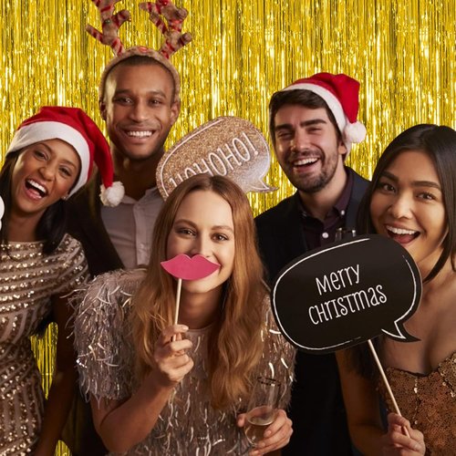 Gold Metallic Tinsel Foil Fringe Curtains by [Brand Name] - 5 Pack Photo Booth Props for Parties & Celebrations