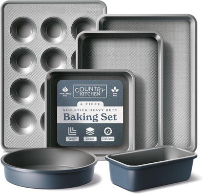 Country Kitchen Nonstick Bakeware Set - Durable & Easy Release, Navy | 6-Piece Stackable Set