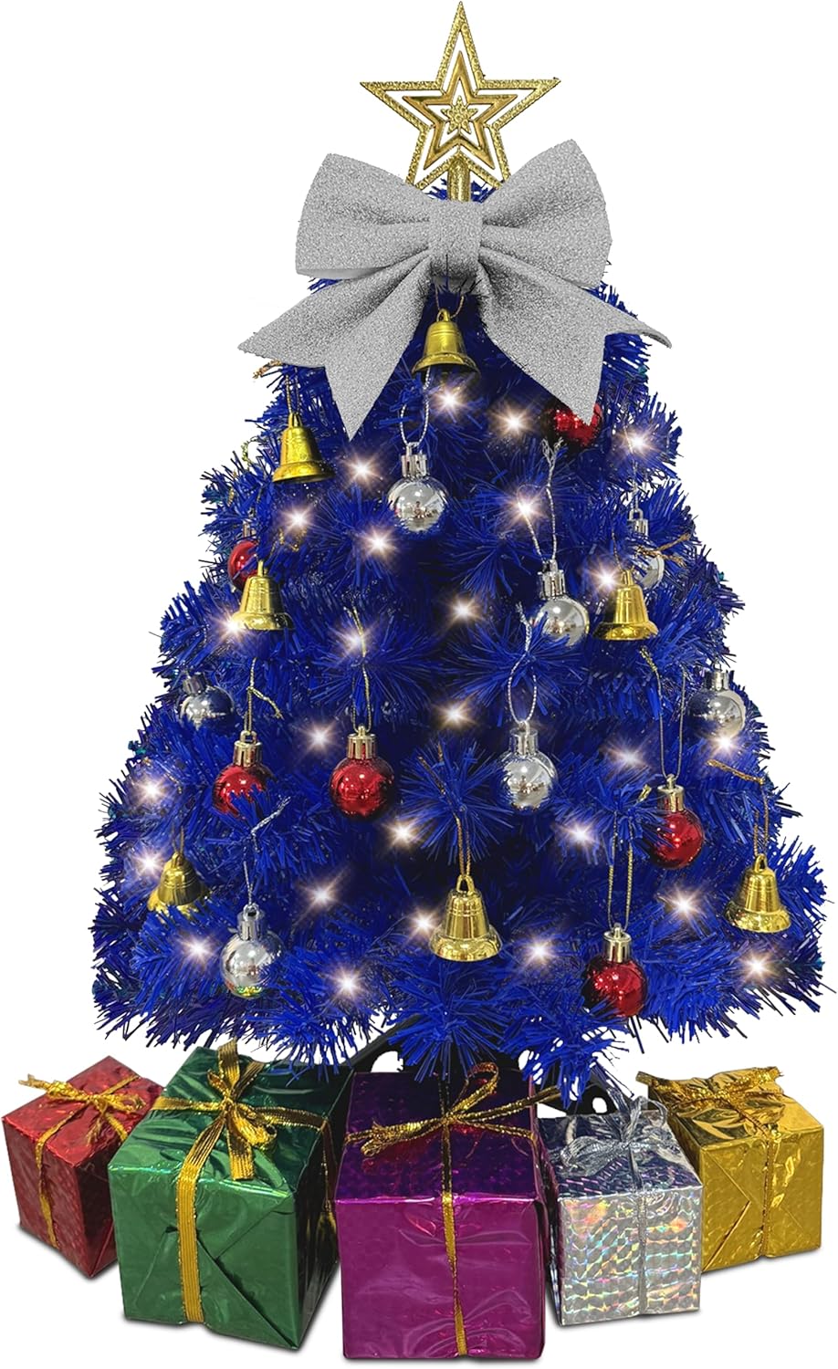 Small Blue Christmas Tree with Lights - 23-Inch Mini Tabletop Tree with Warm-White LEDs & Ornaments