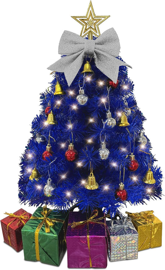 Small Blue Christmas Tree with Lights - 23-Inch Mini Tabletop Tree with Warm-White LEDs & Ornaments