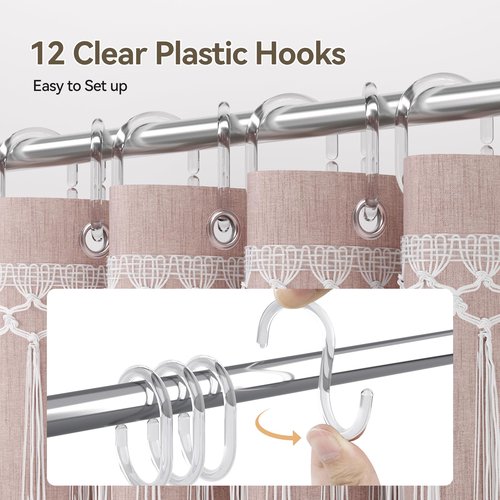 AmazerBath Pink Boho Shower Curtains for Bathroom, Farmhouse Shower Curtain with Top Tassels, Pink Shower Curtain Set, Faux Linen Fabric Shower Curtain with 12 Hooks, Hotel Quality, 72x72 Inches