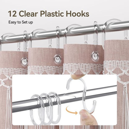 AmazerBath Pink Boho Shower Curtains for Bathroom, Farmhouse Shower Curtain with Top Tassels, Pink Shower Curtain Set, Faux Linen Fabric Shower Curtain with 12 Hooks, Hotel Quality, 72x72 Inches