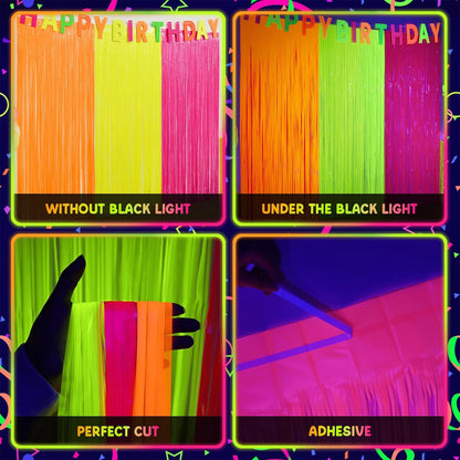 Mega-L Glow In The Dark Party Supplies - 3 Pack Neon Tinsel Foil Fringe Curtains | 9.9 x 6.6 ft Backdrop for Birthday & New Year's Eve Celebrations