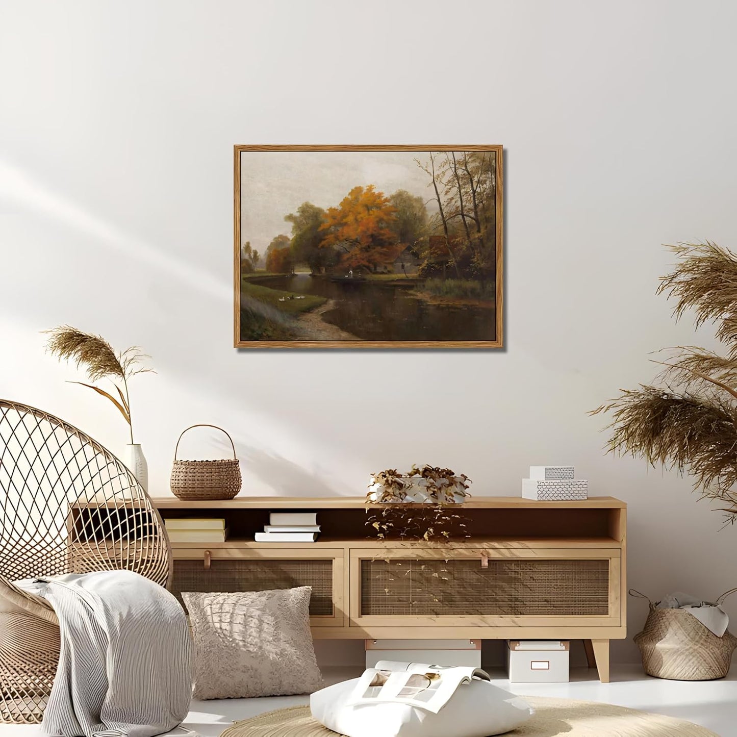 Vintage Autumn Floating Framed Canvas Wall Art - Scenic Nature Landscape Print 12x16 Inch