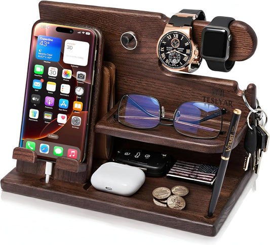 TESLYAR Wood Phone Docking Station - Elegant Desk Organizer for Men | Key Holder & Watch Stand (Bourbon Brown)