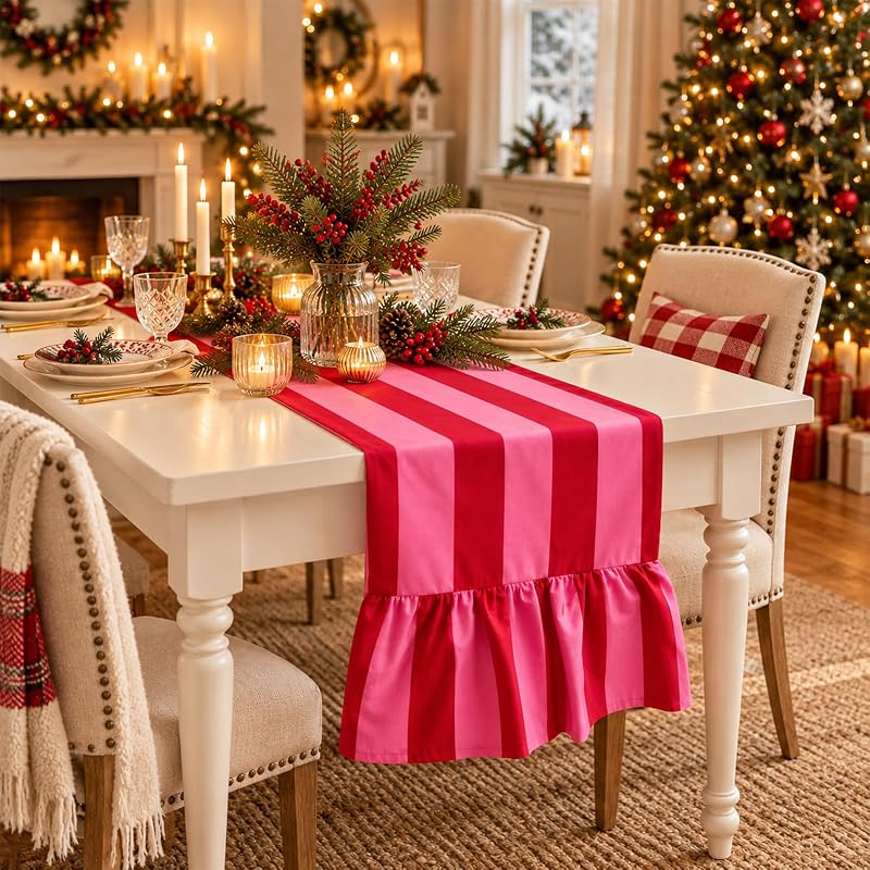 Ruffle Table Runner 13x72 inch - Boho Pink Red Striped Decorative Home Wedding Party