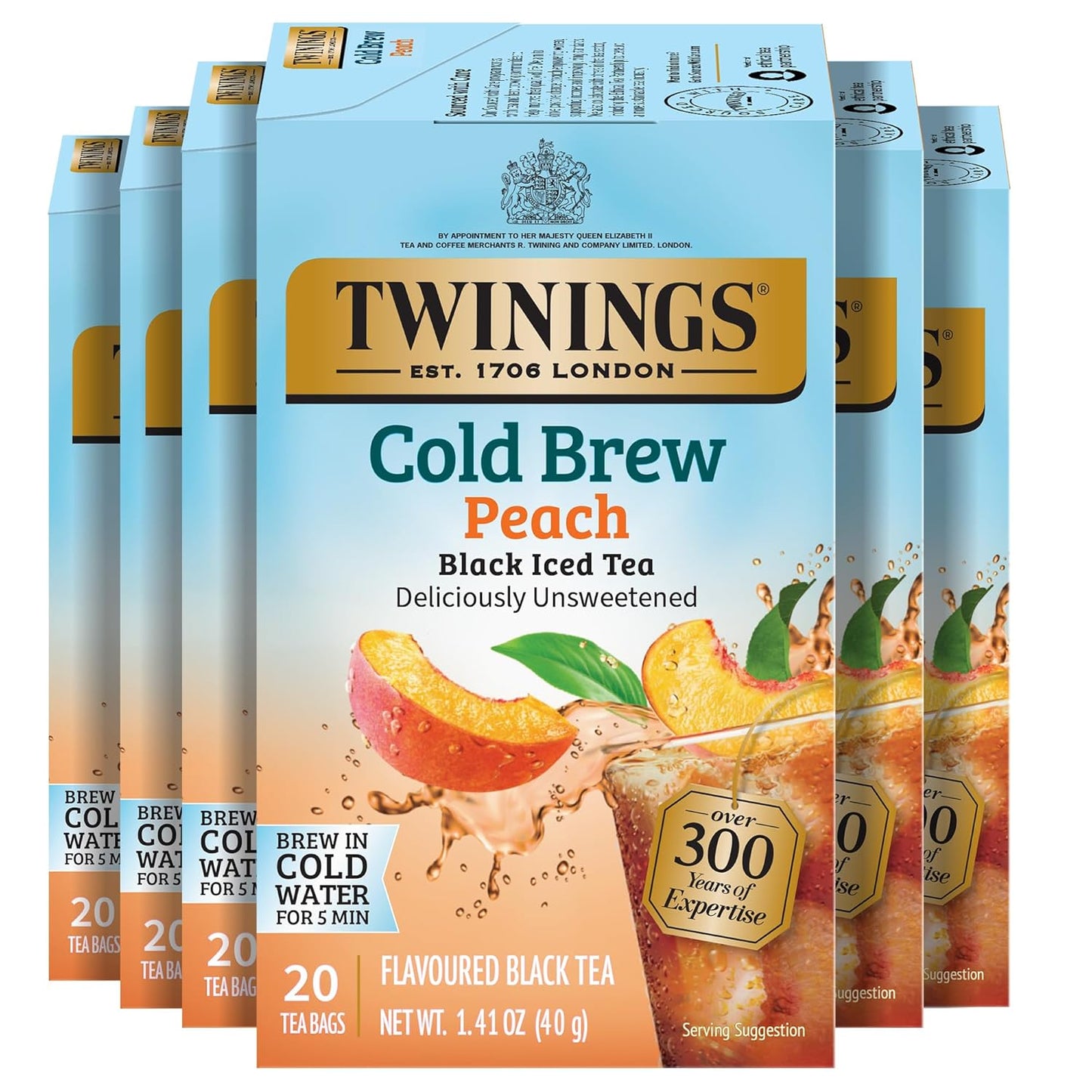 Twinings Peach Cold Brew Iced Tea Bags - Unsweetened Flavored Black Tea, Caffeinated | 20 Count (Pack of 6)