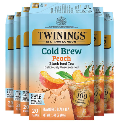 Twinings Peach Cold Brew Iced Tea Bags - Unsweetened Flavored Black Tea, Caffeinated | 20 Count (Pack of 6)