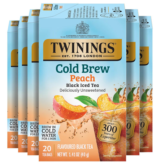 Twinings Peach Cold Brew Iced Tea Bags - Unsweetened Flavored Black Tea, Caffeinated | 20 Count (Pack of 6)