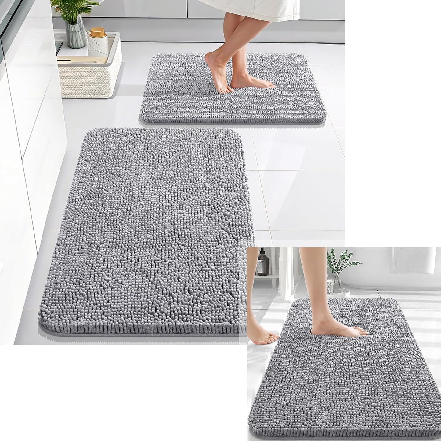 OLANLY Chenille Bath Rug Set - Soft & Absorbent 2-Piece Bathroom Rugs in Grey | 30x20 & 24x16 Inches