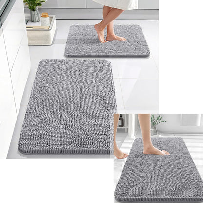 OLANLY Chenille Bath Rug Set - Soft & Absorbent 2-Piece Bathroom Rugs in Grey | 30x20 & 24x16 Inches