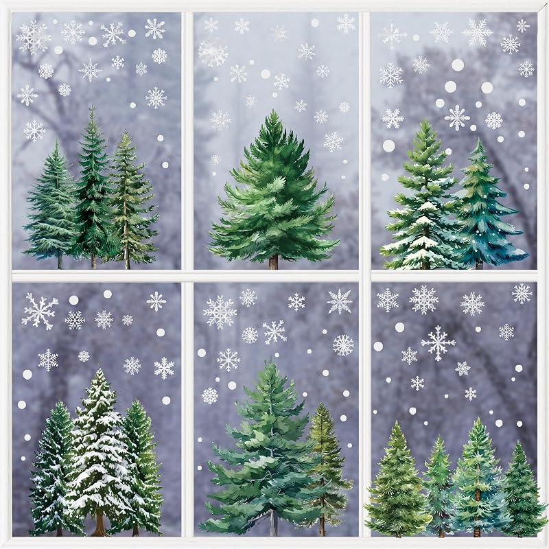 Christmas Window Clings Set – 294 PVC Snowflake & Tree Decorations (8 Sheets)