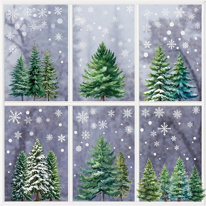 Christmas Window Clings Set – 294 PVC Snowflake & Tree Decorations (8 Sheets)