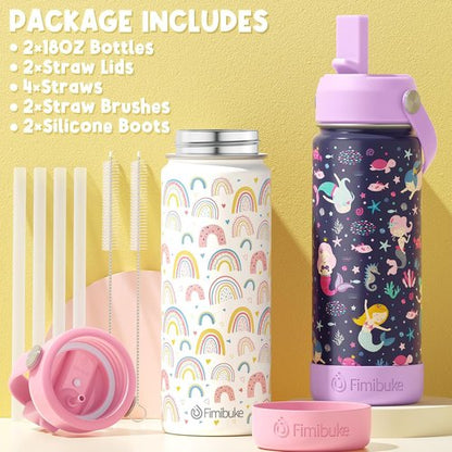 Fimibuke Kids Insulated Water Bottle - 18oz BPA-Free Double Wall Tumbler | Leak-Proof, Rainbow & Mermaid (2 Pack)