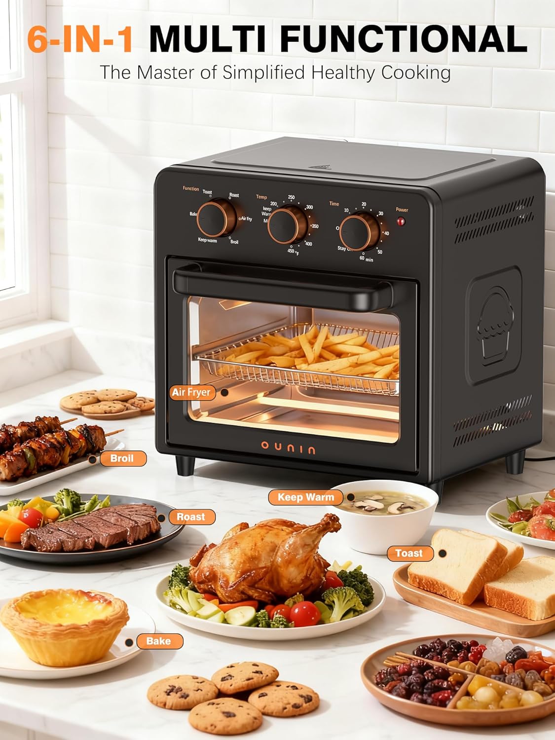 OUNIN Air Fryer & Toaster Oven - 12L Compact Design with Steam Infusion & 60-Minute Timer, Stainless Steel